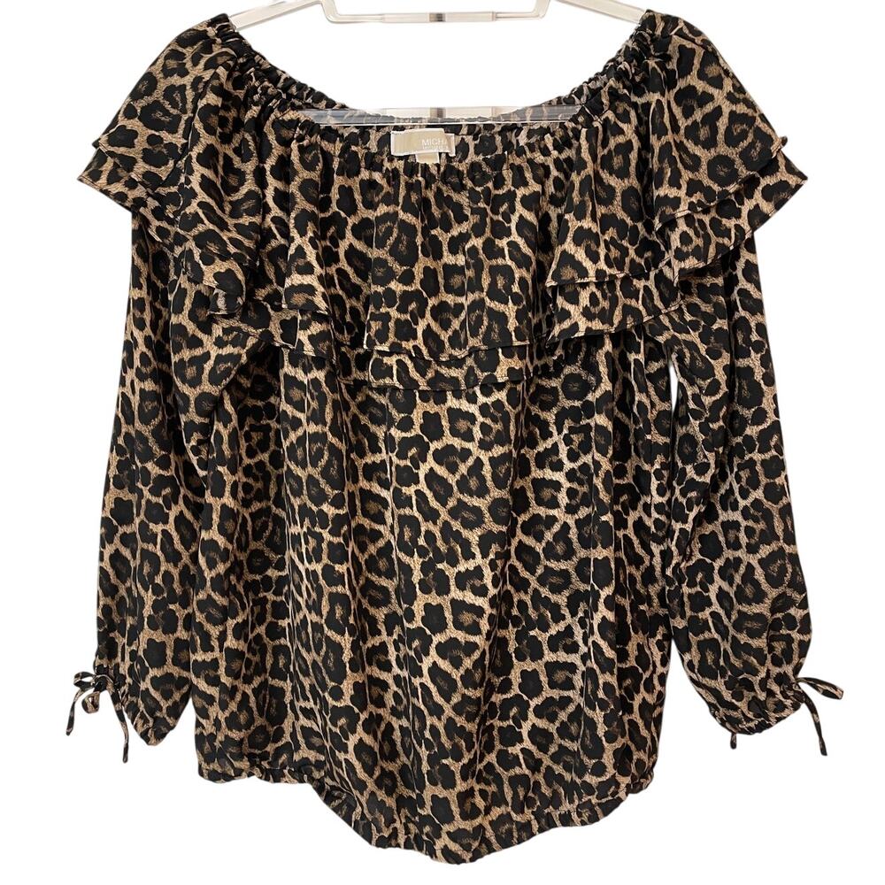 MICHAEL MICHAEL KORS Brown, Black and Tan Animal Print Blouse Size L NWOT